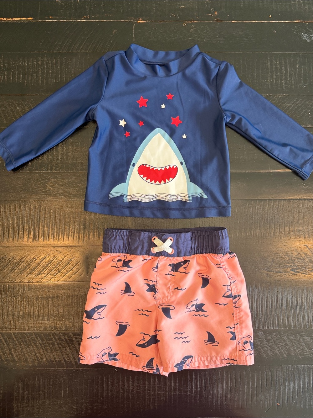 Cat & Jack Navy Rash Guard with Coral Shark Print Swim Shorts